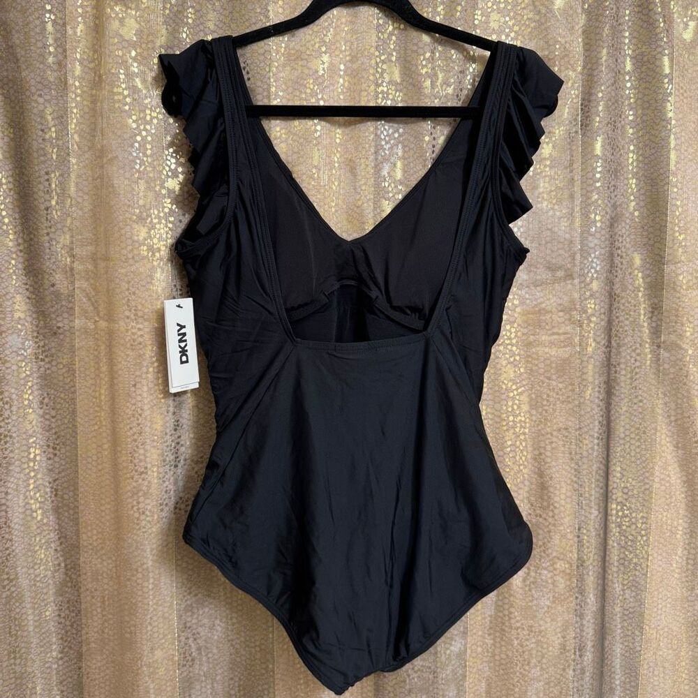 DKNY Black V Neck Ruffle Shoulder Ruched Tummy Control Swimsuit XL NWT - Picture 2 of 10